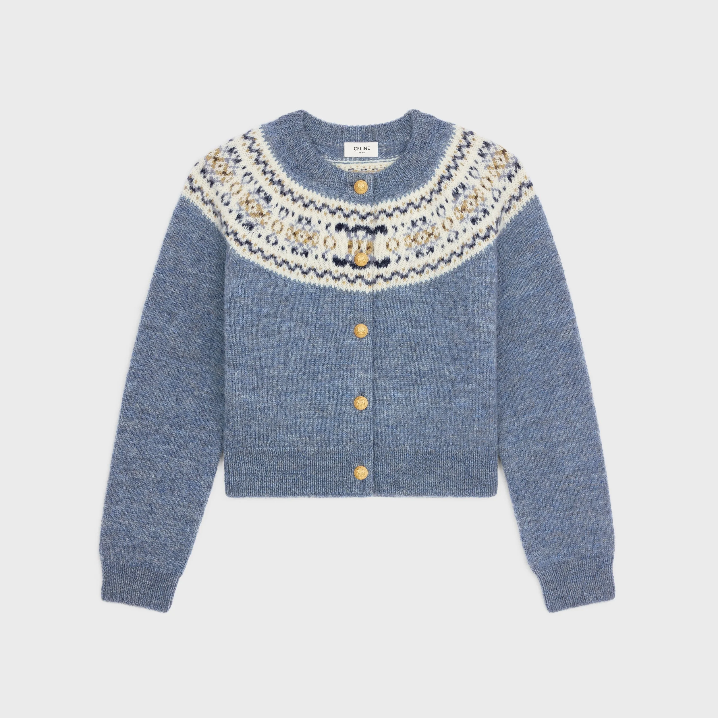 Celine Triomphe Fair Isle Wool Cardigan in Blue — UFO No More